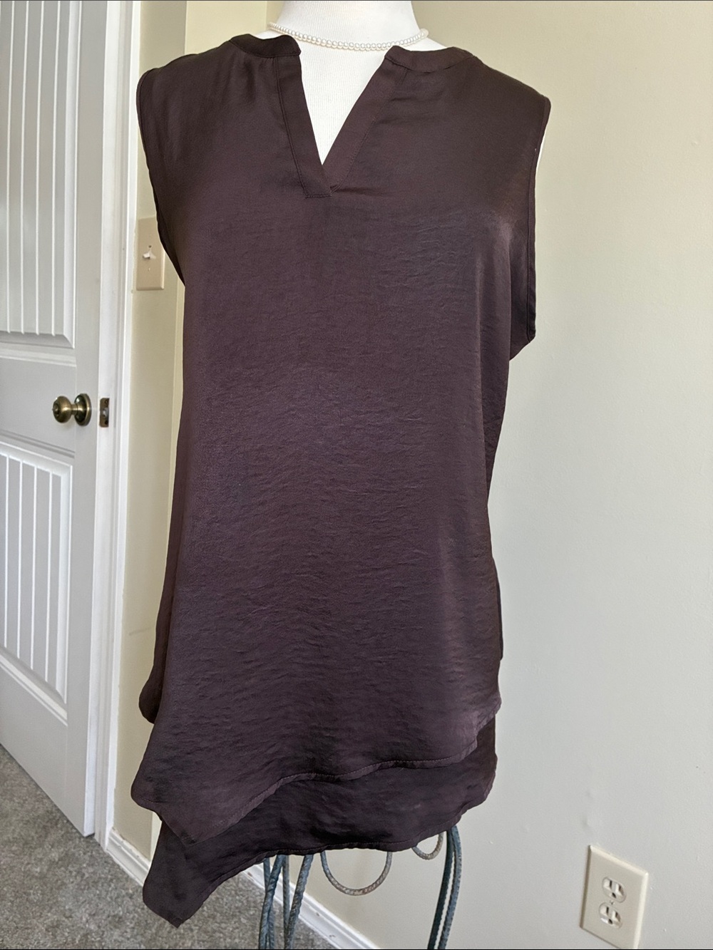 Chico's Dark Brown Sleeveless Blouse with asymmetrical bottom detailing